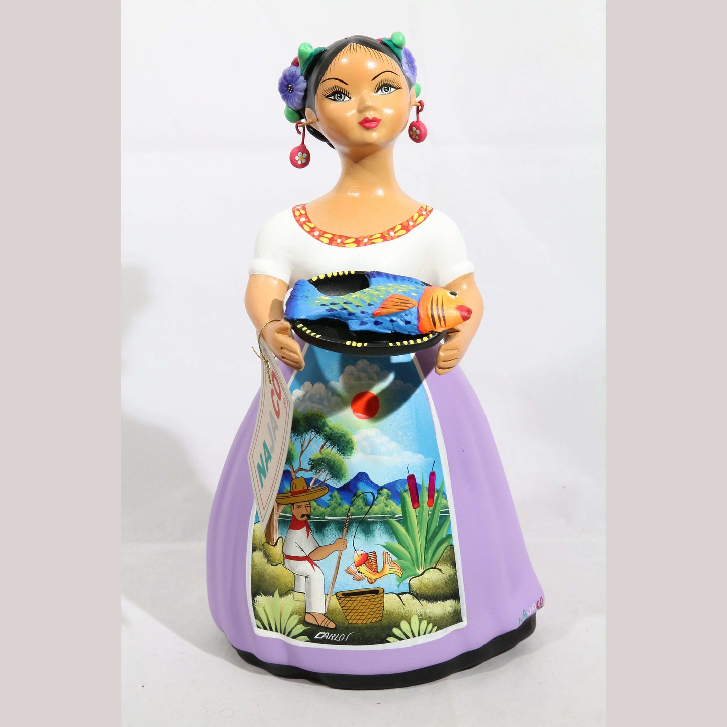 Lupita Doll NAJACO With Plate of Fish Lilac Skirt Ceramic Mexican