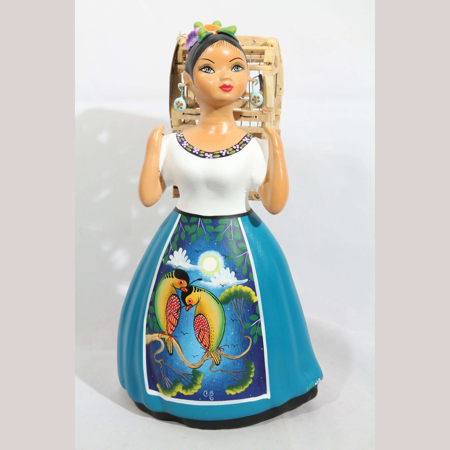 Lupita Najaco Doll Back Bird Cage Teal Blue Dress Ceramic Mexican