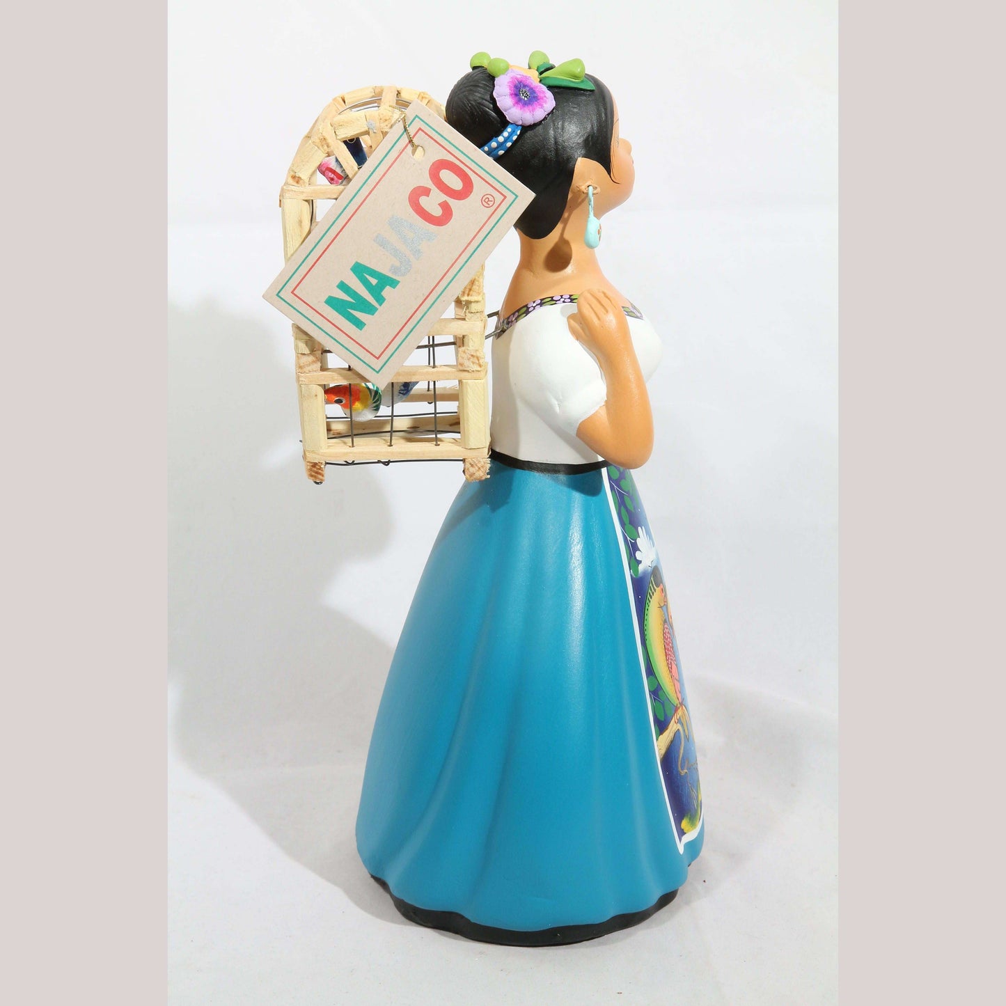 Lupita Najaco Doll Back Bird Cage Teal Blue Dress Ceramic Mexican