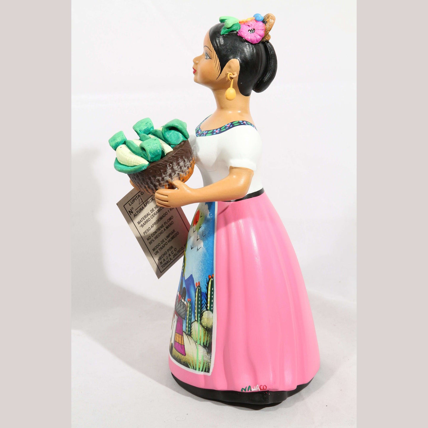 Lupita NAJACO Doll/Figurine Basket Corn Mexican Folk Art Collectible Decor Pink