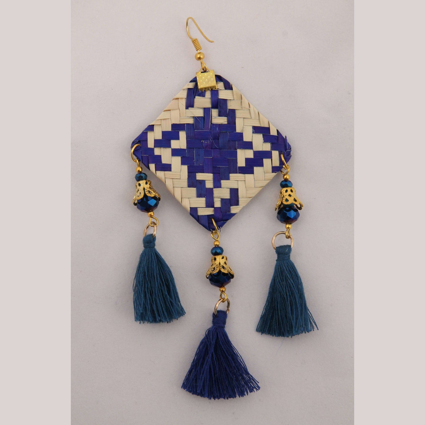 Hand Crafted Woven Palm Earrings Jewelry Mexican Folk Wearable Art Oaxaca Blue