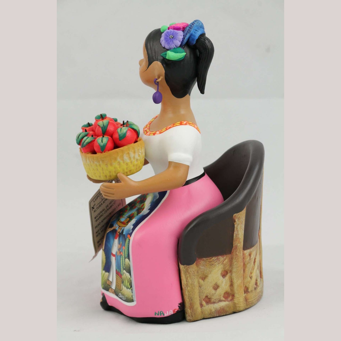 Lupita Doll Sitting Apple Basket Pink Dress Ceramic Mexican Folk Art