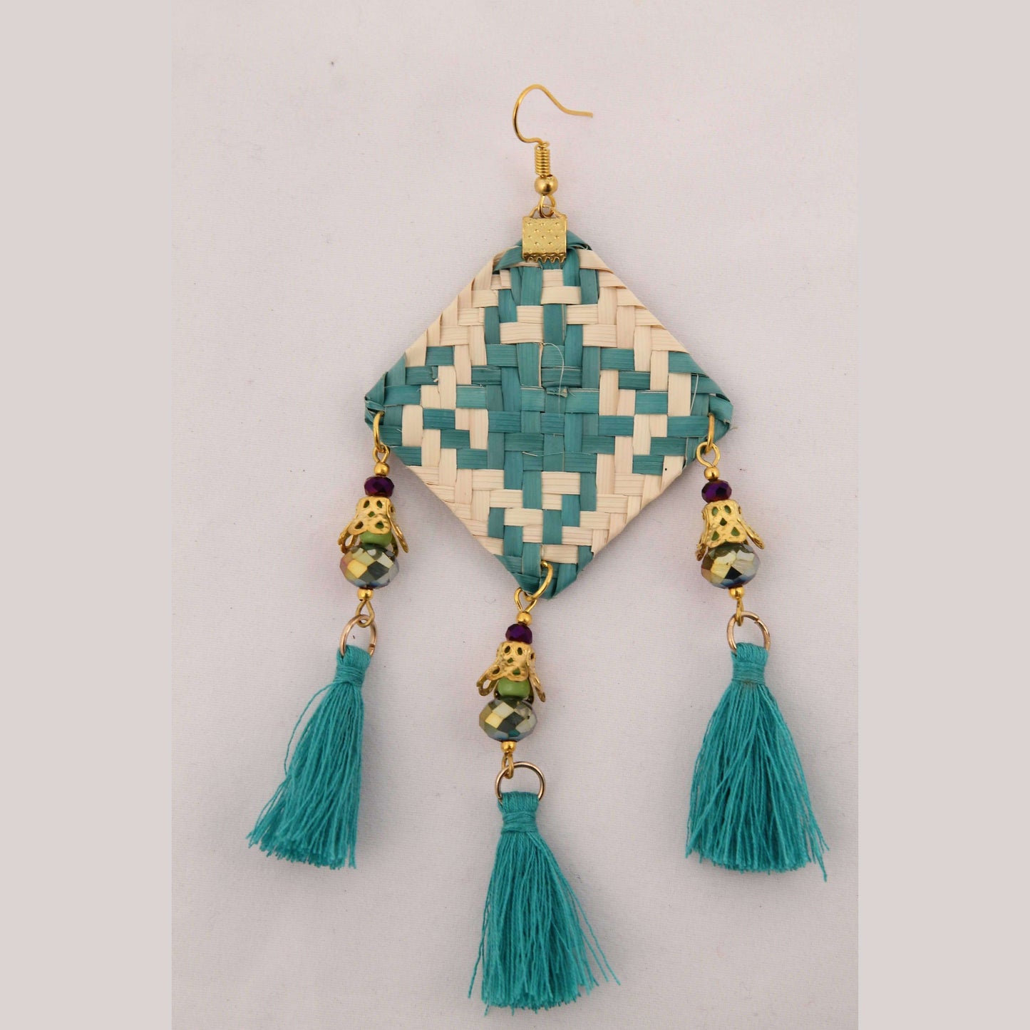 Hand Crafted Woven Palm Earrings Jewelry Mexican Folk Wearable Art Oaxaca Turq