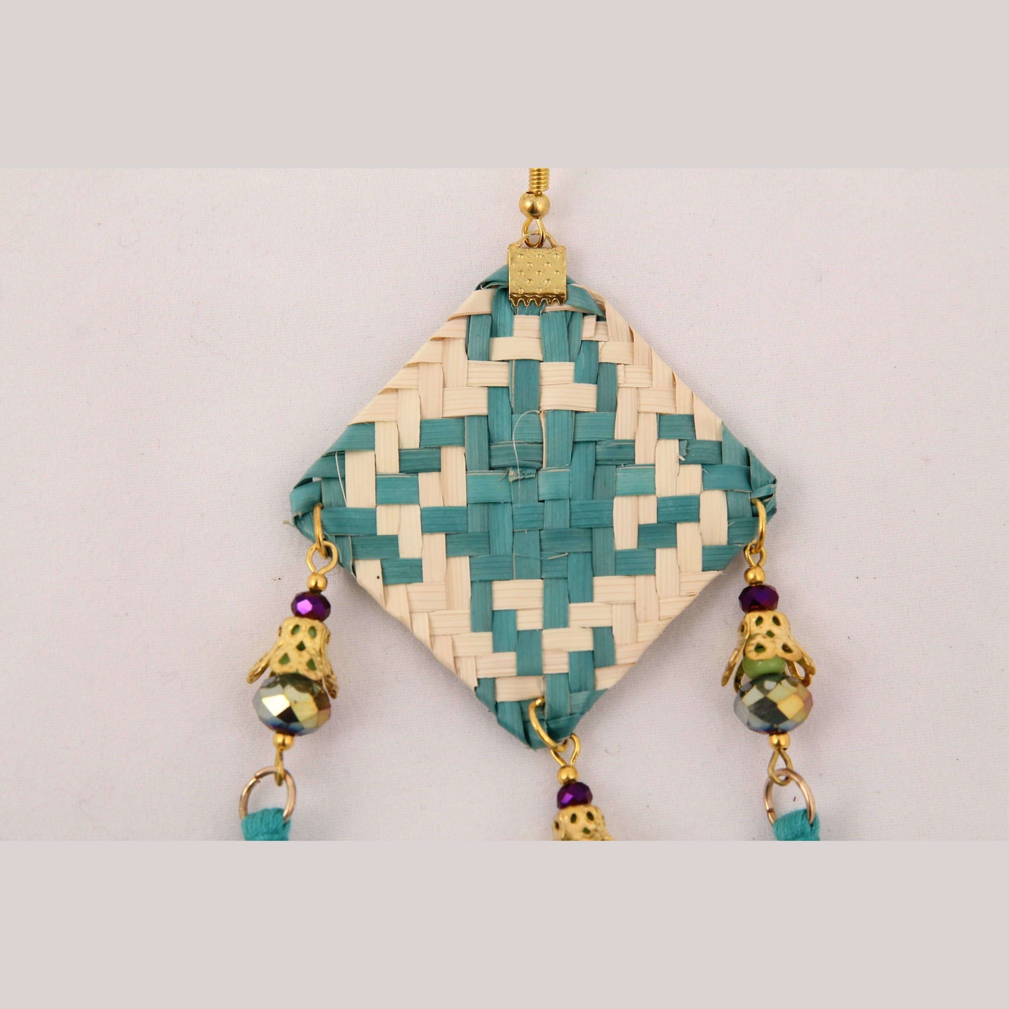 Hand Crafted Woven Palm Earrings Jewelry Mexican Folk Wearable Art Oaxaca Turq
