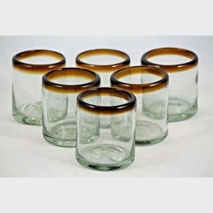 Amber Rim Juice Glasses, Set of 6, Mexican Hand Crafted Glassware