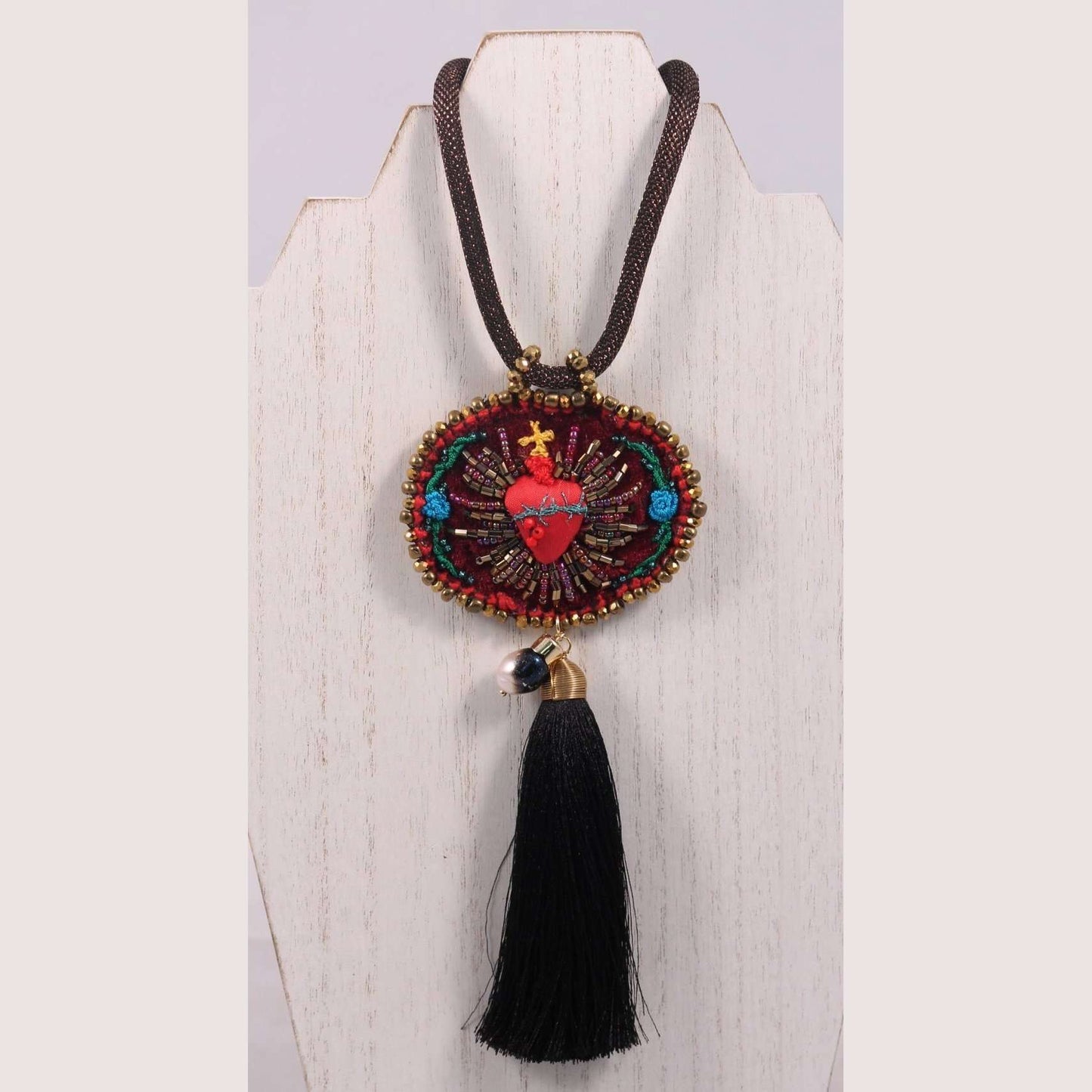 Hand Crafted Heart#1 Necklace Mexican Art Jewelry Black Tassel