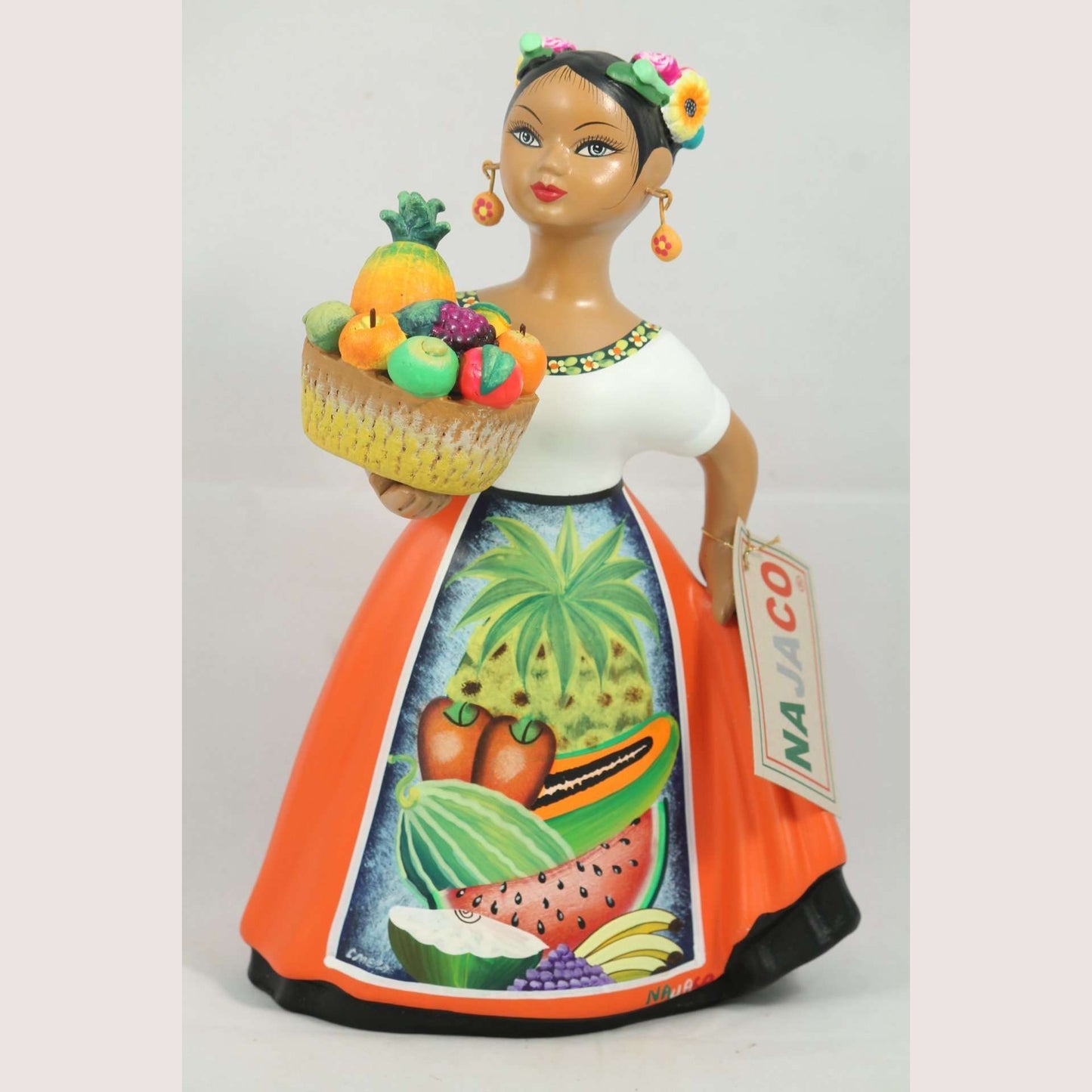 Lupita Doll Basket of Fresh Fruit Orange Espanola Dress Ceramic Mexican