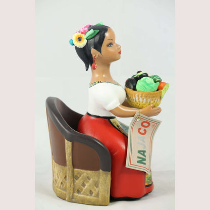 Lupita Najaco Ceramic Doll/Figurine Chair/Vegetable Basket Red