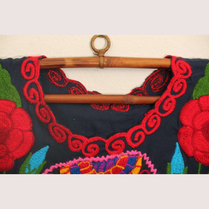 Mexican Navy Blue Embroidered Cotton Blouse/Top/Clothing Oaxaca