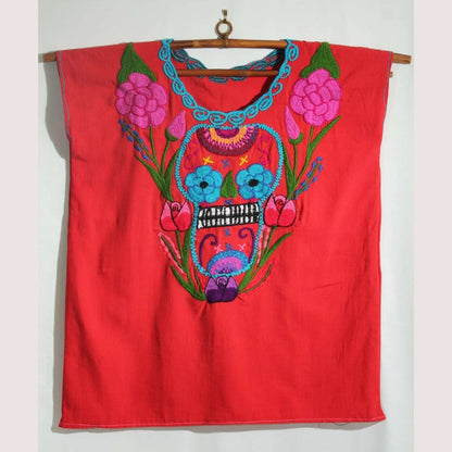New Authentic Mexican Cotton Blouse/Top Ethnic Embroider Oaxaca Boho/Hippie Red