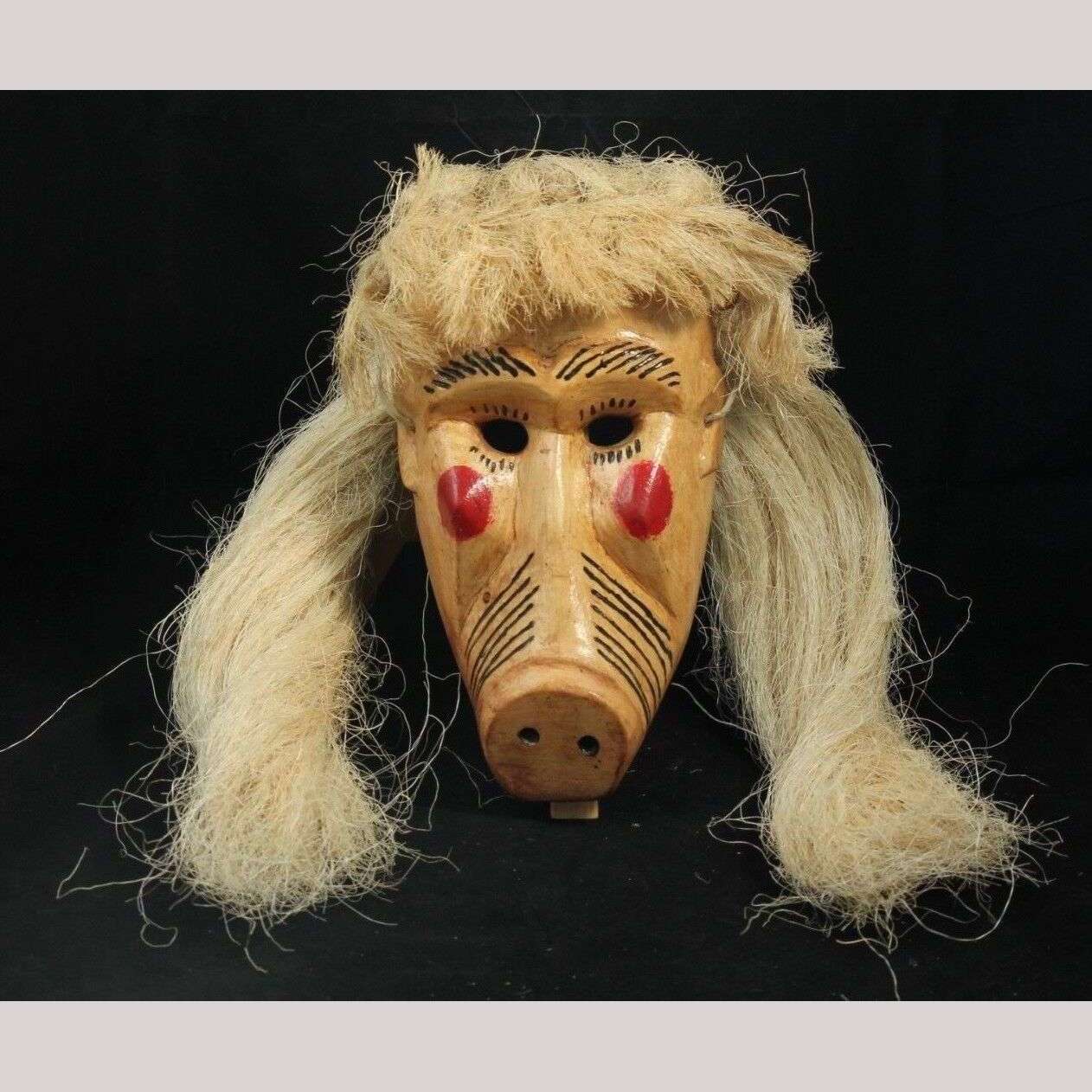Wood Hanging Mask Mexico Folk Art Hand Crafted/Painted Collectible Pig Lrg